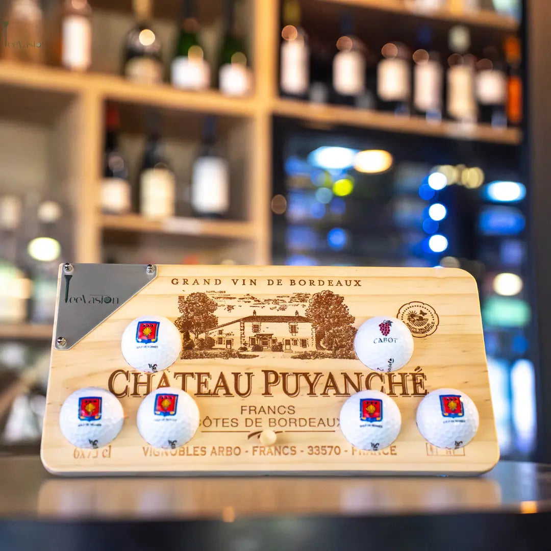Wooden Draw – Support balles de golf en caisse de vin recyclée TeeVasion